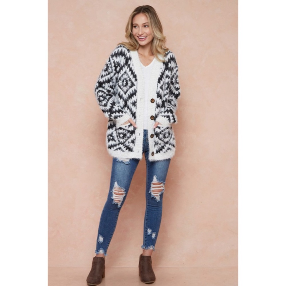 SOLD OUT Ivory & Black Fuzzy Soft Eyelash Aztec Tribal Button Up Knit Cardigan - Picture 9 of 9
